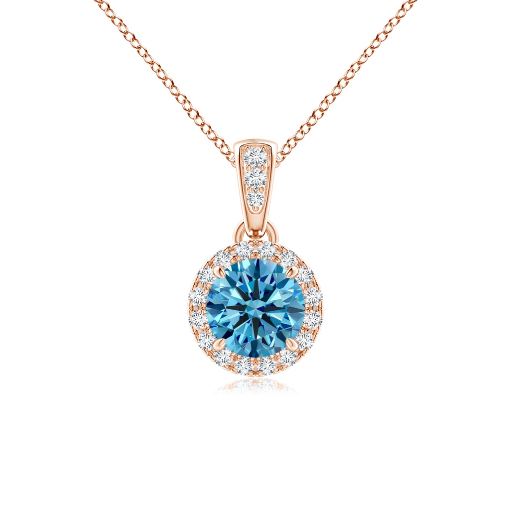 4.9mm AAAA Claw-Set Round Fancy Intense Blue Diamond Pendant with Halo in Rose Gold