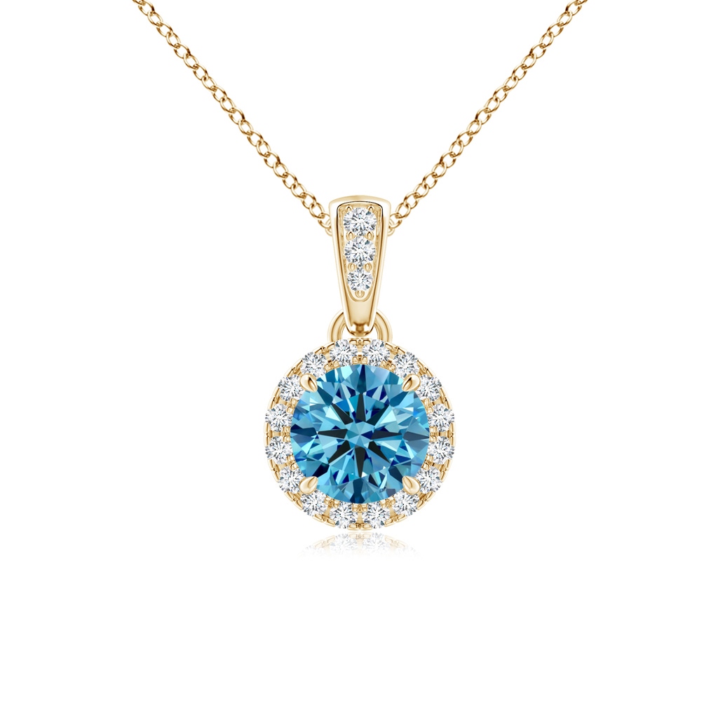 4.9mm AAAA Claw-Set Round Fancy Intense Blue Diamond Pendant with Halo in Yellow Gold