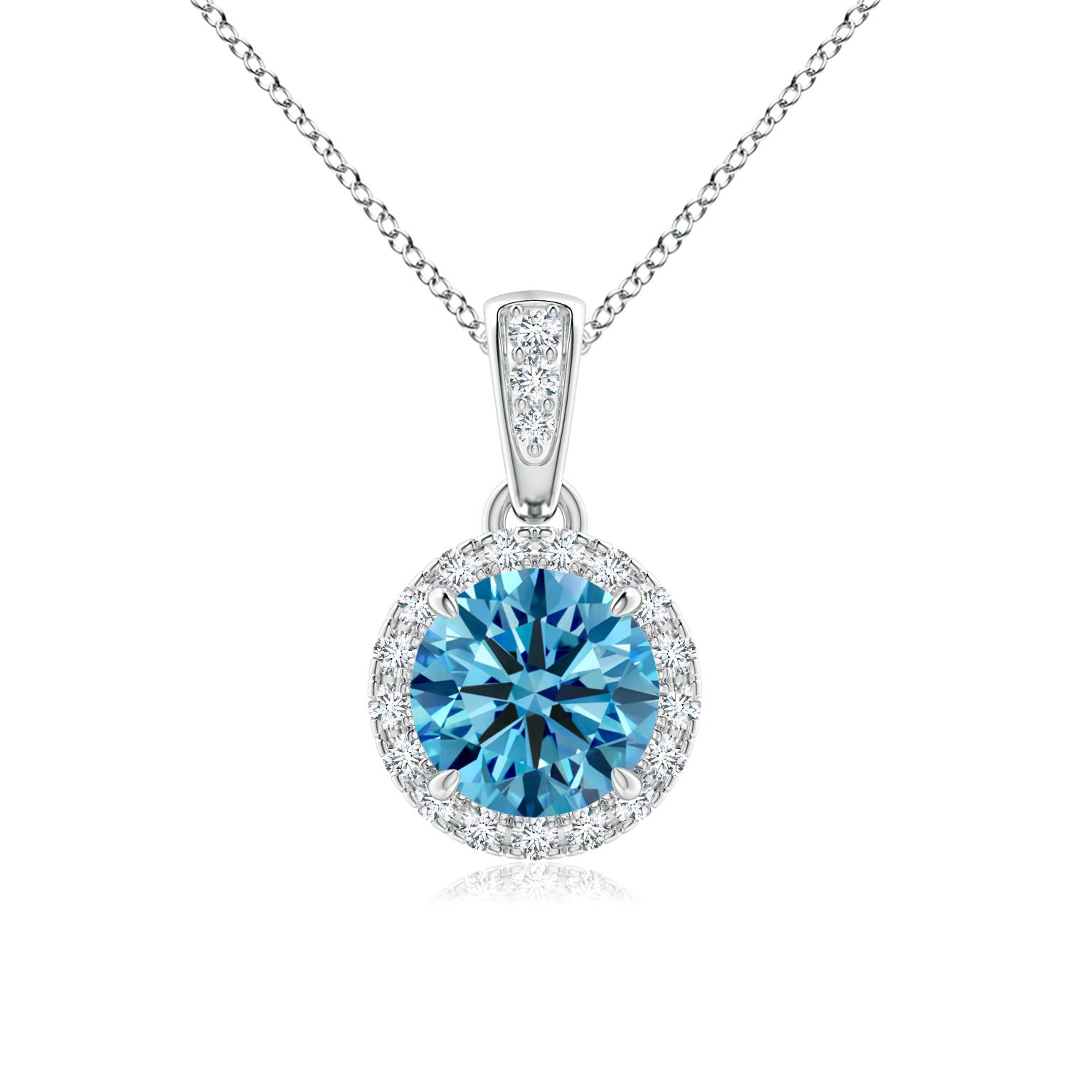 5.9mm AAAA Claw-Set Round Fancy Intense Blue Diamond Pendant with Halo in 18K White Gold
