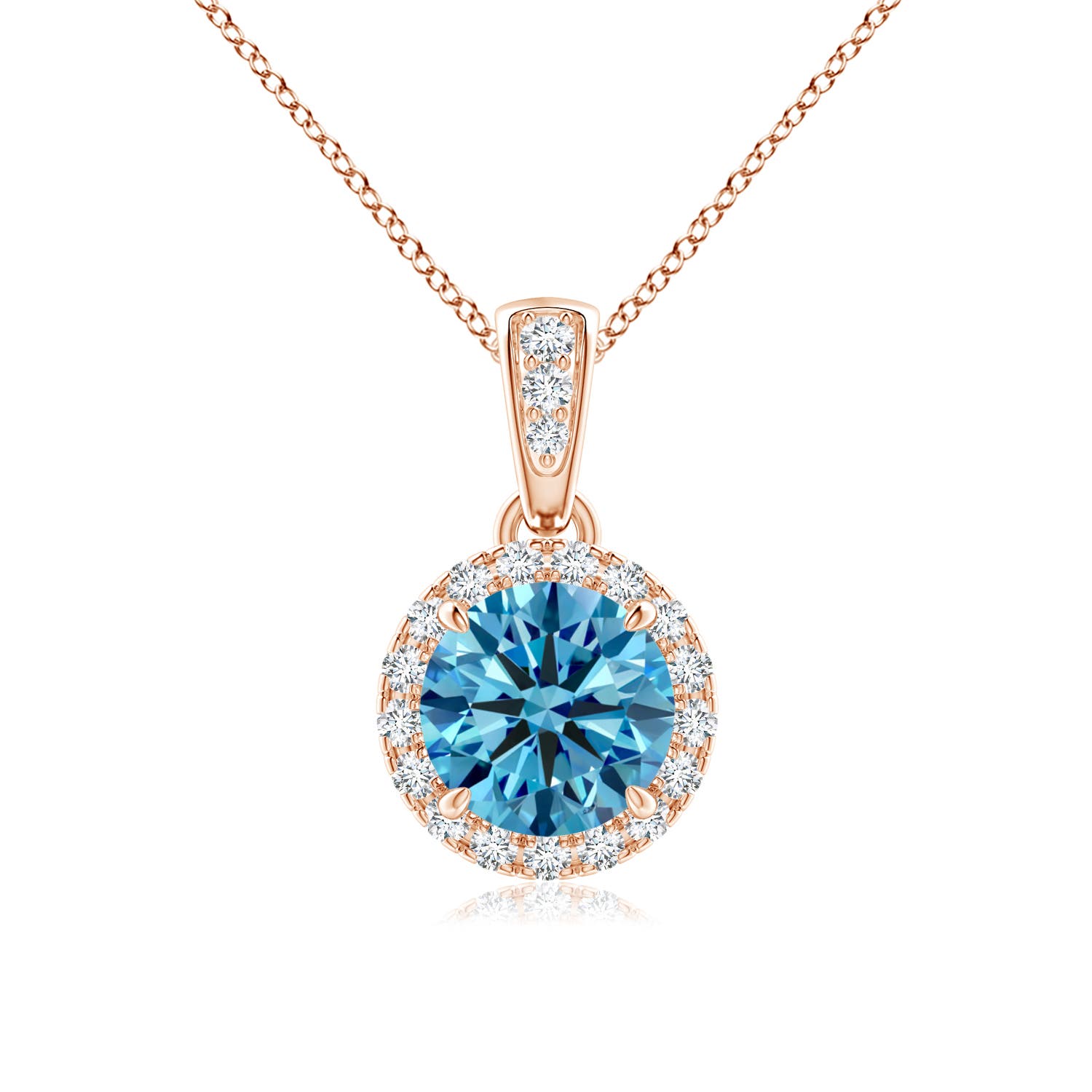Angara 0.88 CTW Claw-Set Round Fancy Intense Blue Diamond Pendant with Halo in 14K Rose Gold