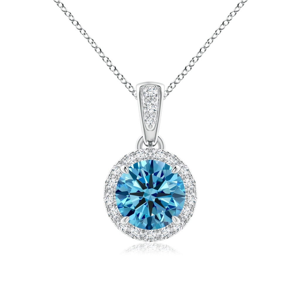 5.9mm AAAA Claw-Set Round Fancy Intense Blue Diamond Pendant with Halo in White Gold