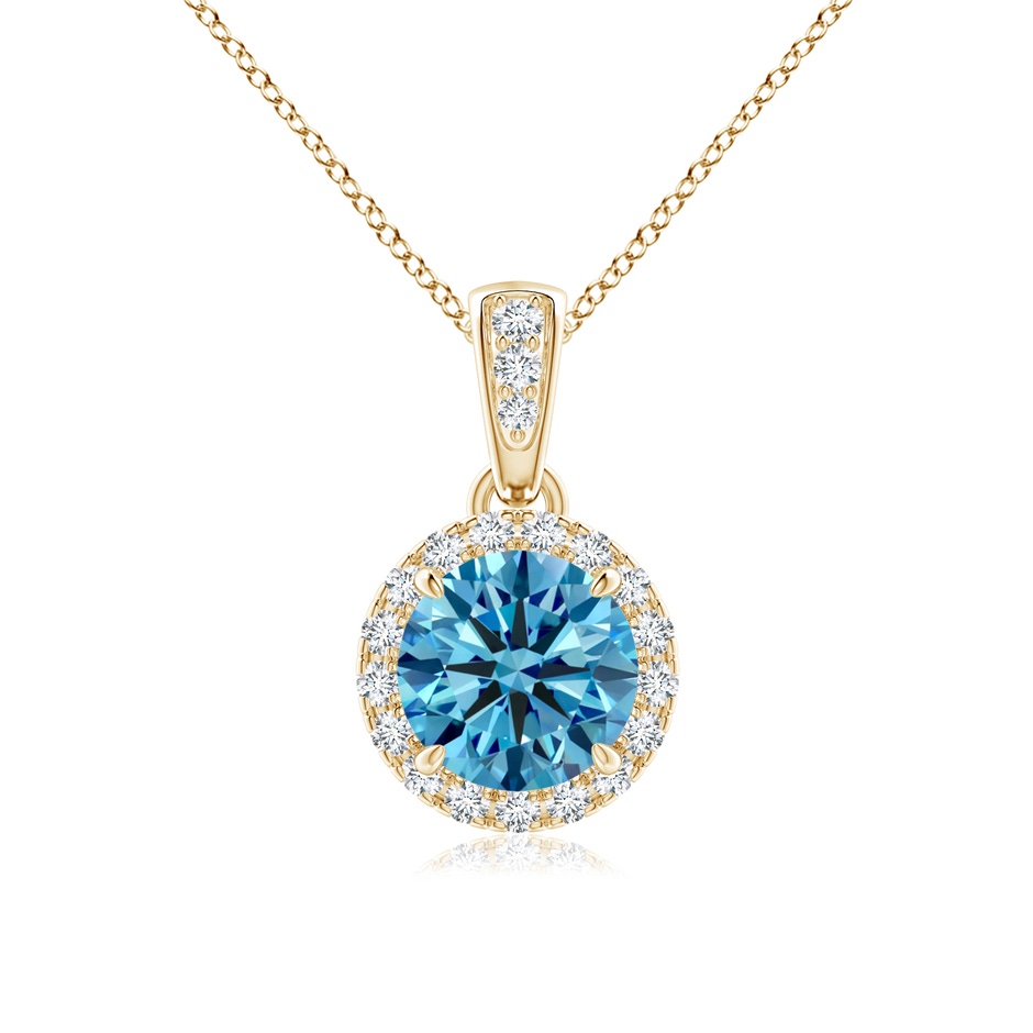 5.9mm AAAA Claw-Set Round Fancy Intense Blue Diamond Pendant with Halo in Yellow Gold 