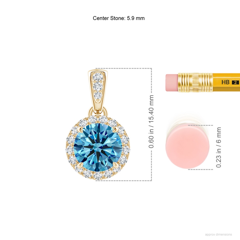 5.9mm AAAA Claw-Set Round Fancy Intense Blue Diamond Pendant with Halo in Yellow Gold ruler