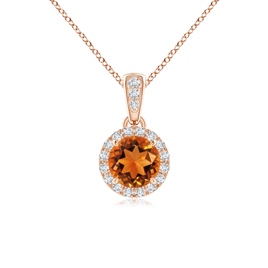 5mm AAAA Claw-Set Round Citrine Pendant with Diamond Halo in Rose Gold