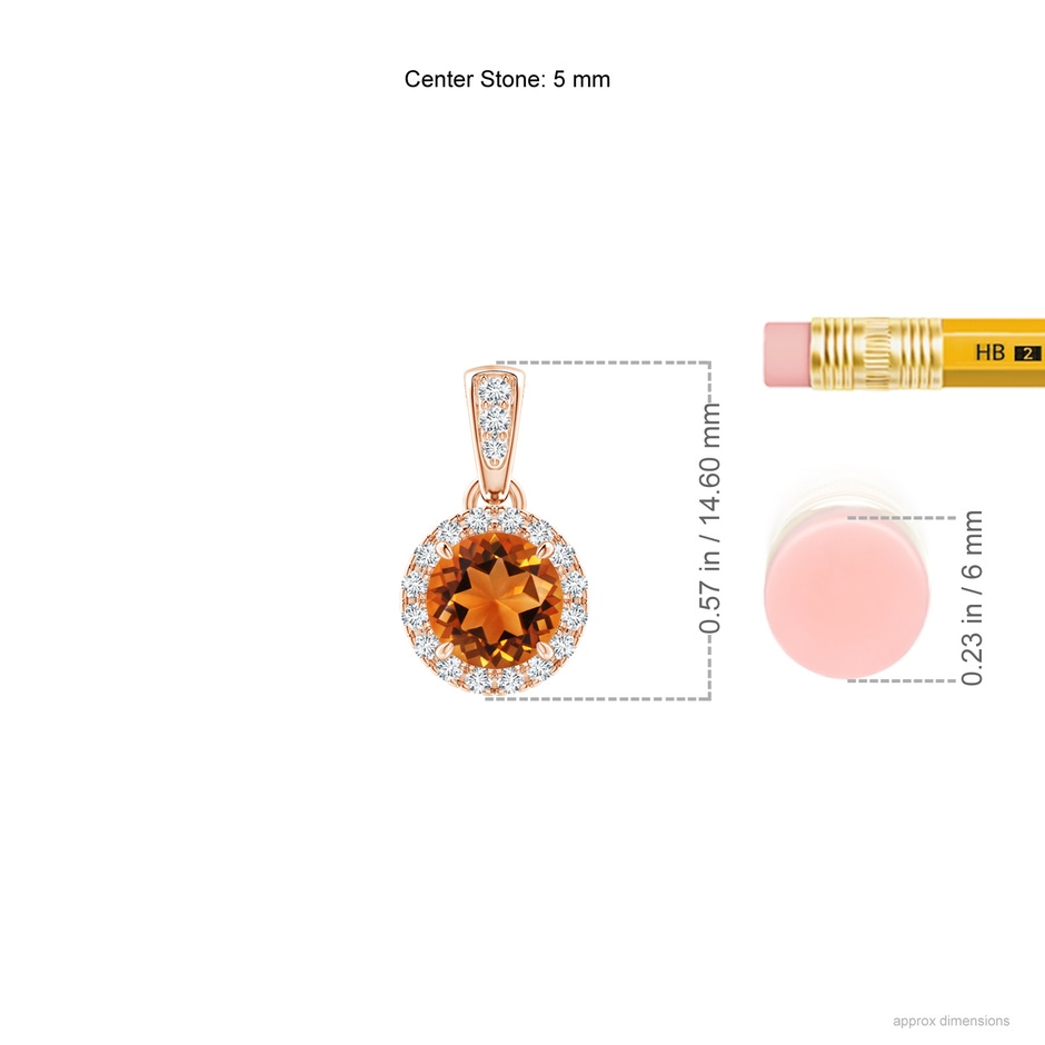 5mm AAAA Claw-Set Round Citrine Pendant with Diamond Halo in Rose Gold ruler