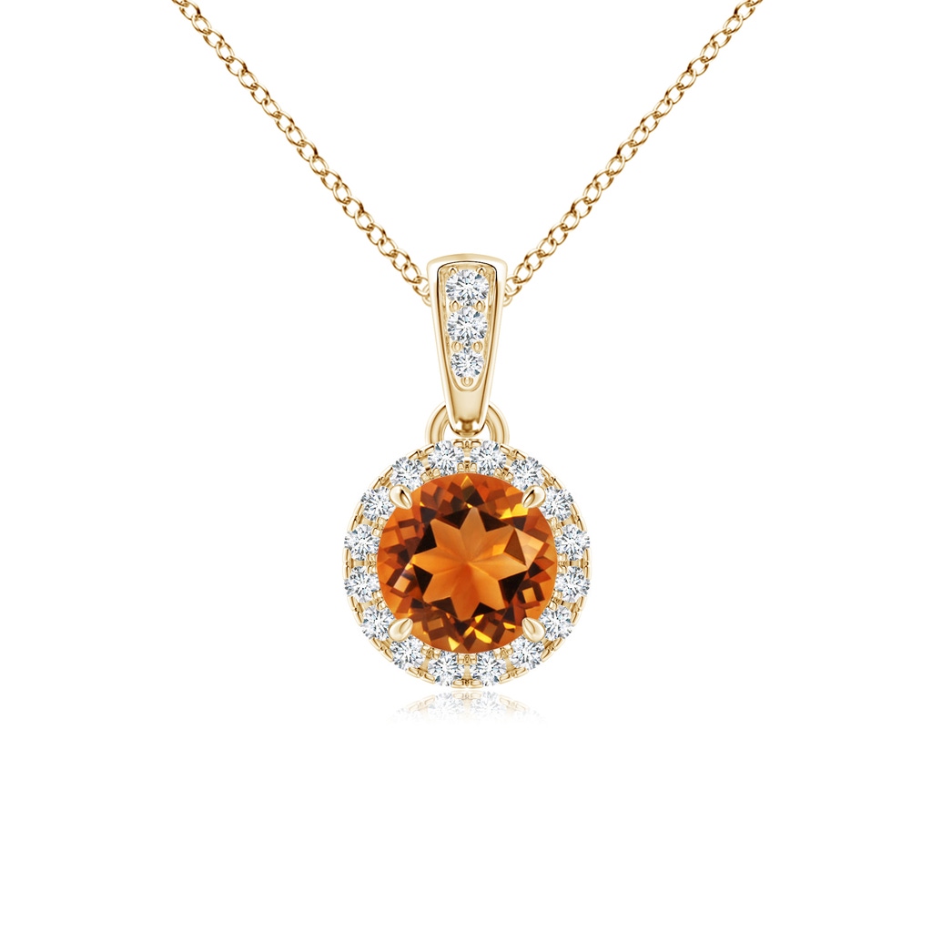 5mm AAAA Claw-Set Round Citrine Pendant with Diamond Halo in Yellow Gold
