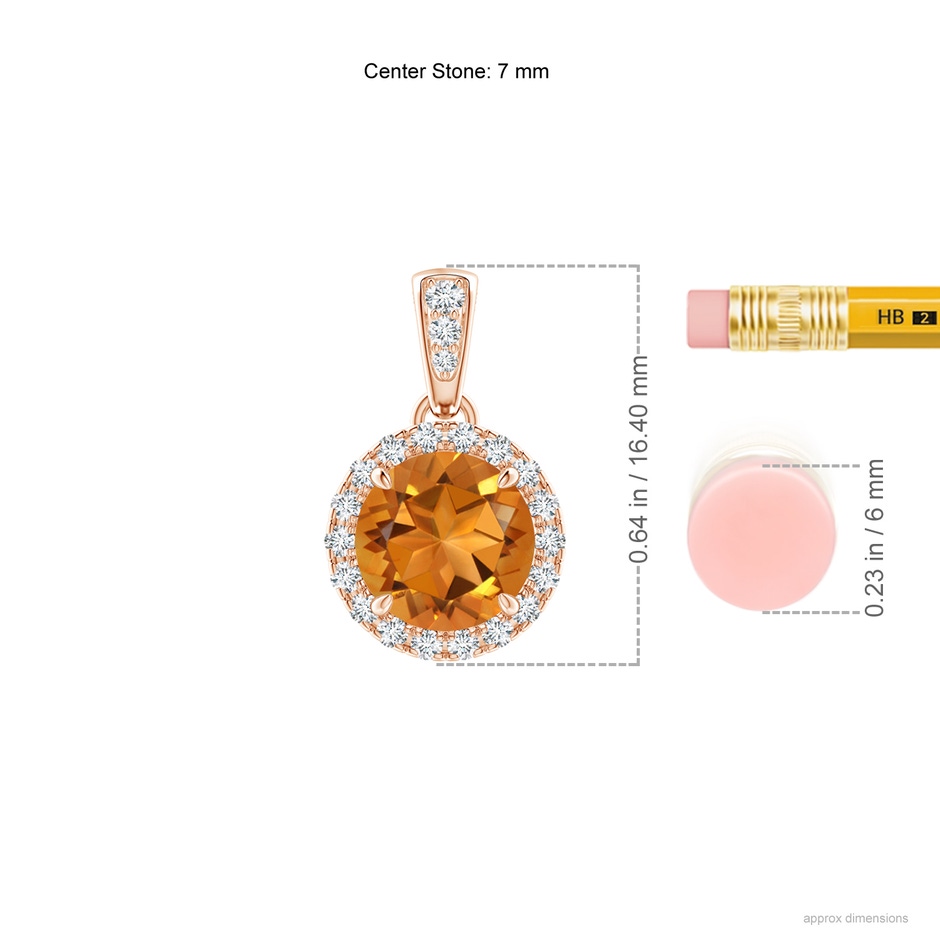7mm AAA Claw-Set Round Citrine Pendant with Diamond Halo in Rose Gold ruler