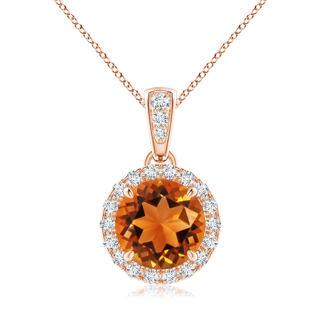 7mm AAAA Claw-Set Round Citrine Pendant with Diamond Halo in Rose Gold