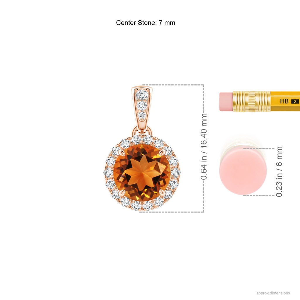 7mm AAAA Claw-Set Round Citrine Pendant with Diamond Halo in Rose Gold Ruler