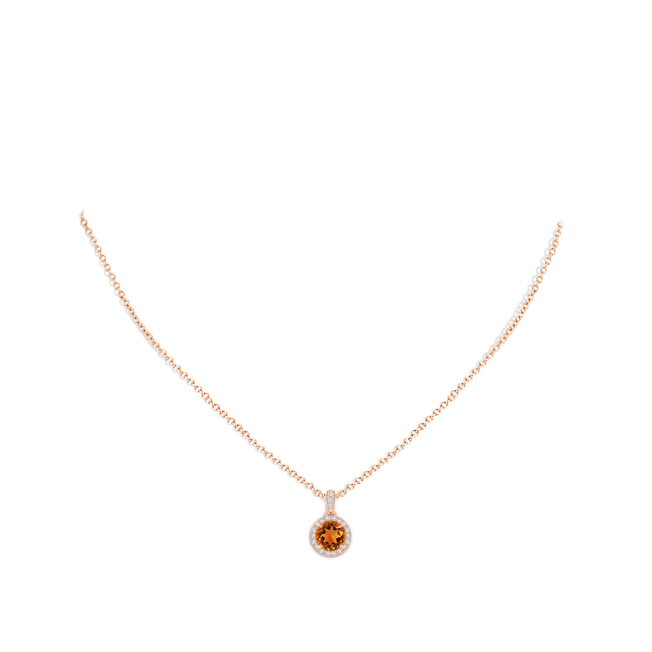 7mm AAAA Claw-Set Round Citrine Pendant with Diamond Halo in Rose Gold body-neck