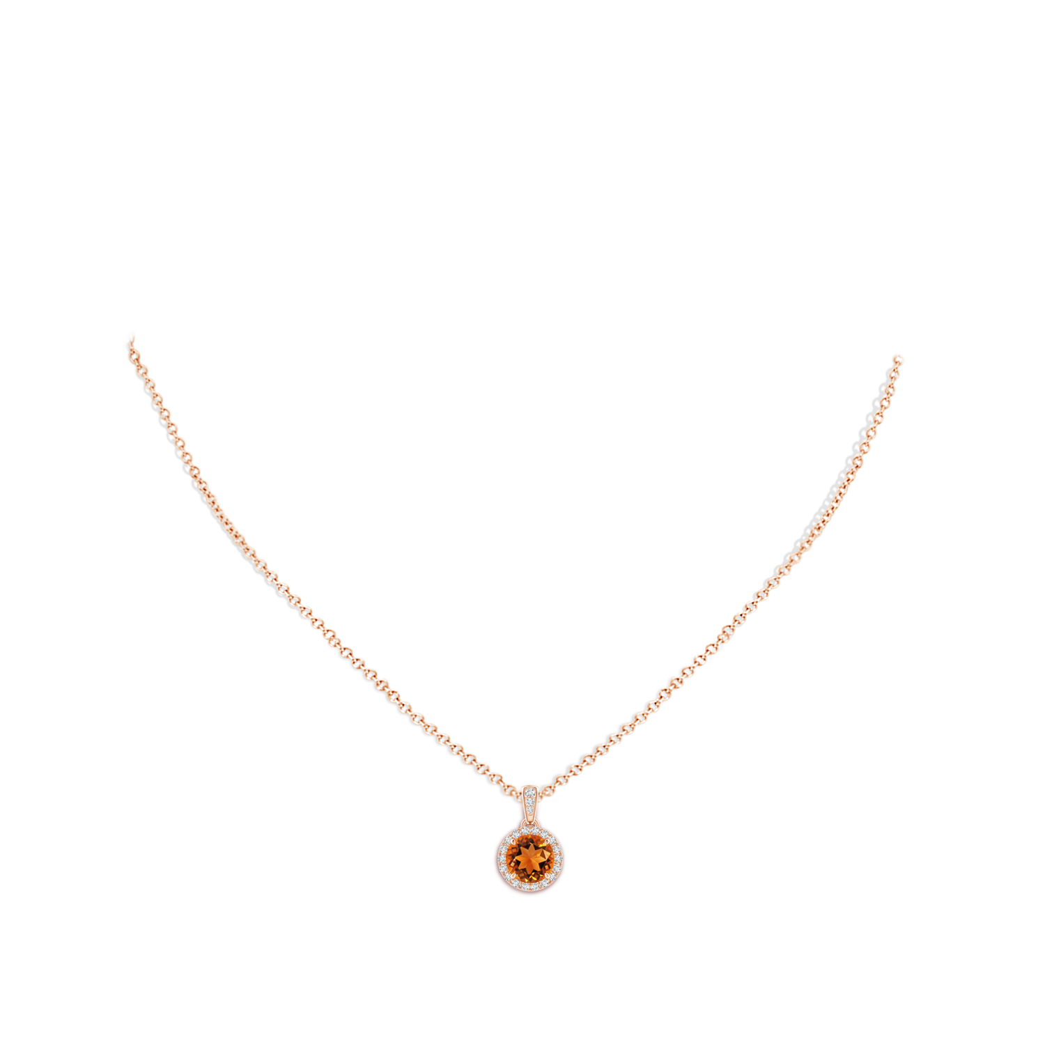 7mm AAAA Claw-Set Round Citrine Pendant with Diamond Halo in Rose Gold - body_neck
