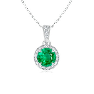 5mm AAA Claw-Set Round Emerald Pendant with Diamond Halo in White Gold