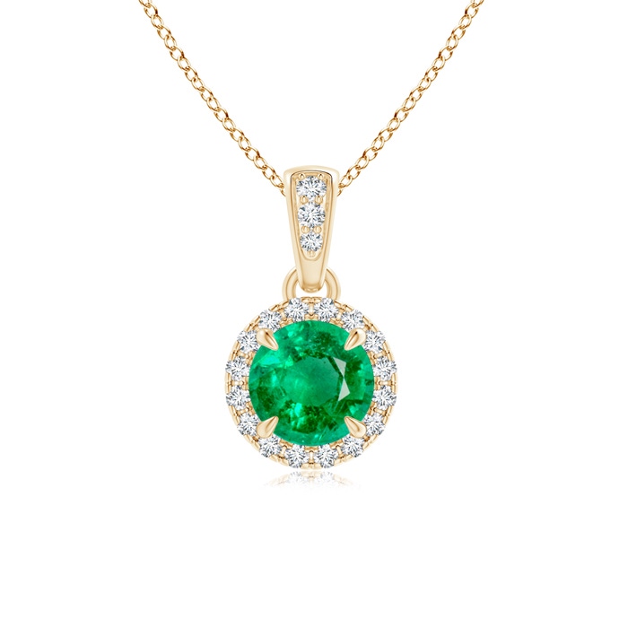 5mm AAA Claw-Set Round Emerald Pendant with Diamond Halo in Yellow Gold