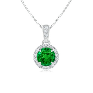 5mm AAAA Claw-Set Round Emerald Pendant with Diamond Halo in White Gold