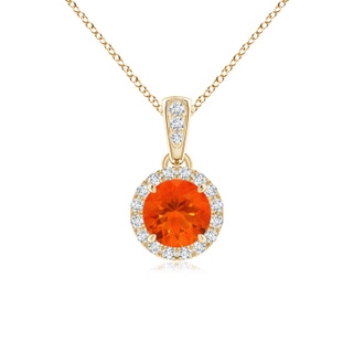 5mm AAA Claw-Set Round Fire Opal Pendant with Diamond Halo in Yellow Gold