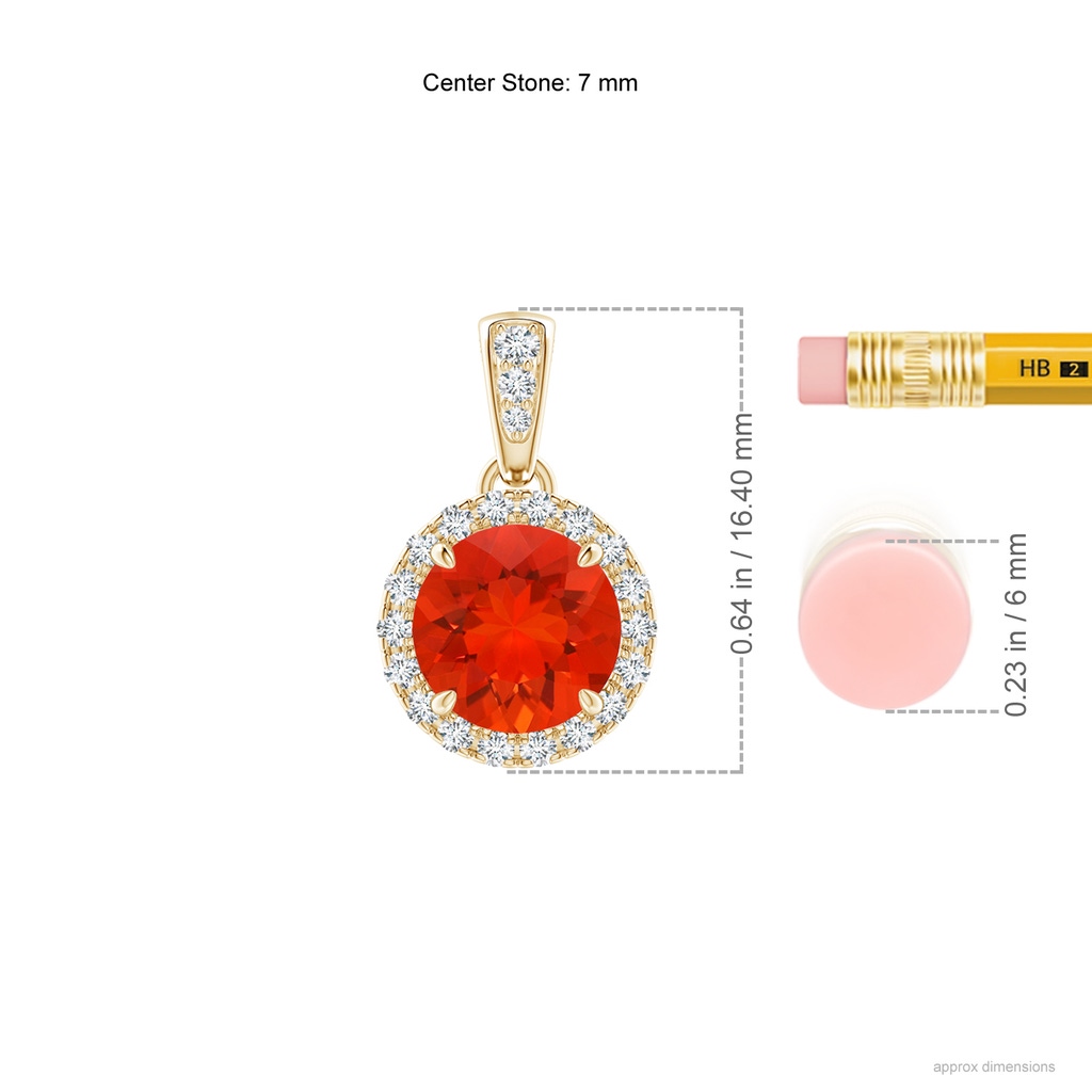7mm AAAA Claw-Set Round Fire Opal Pendant with Diamond Halo in Yellow Gold ruler