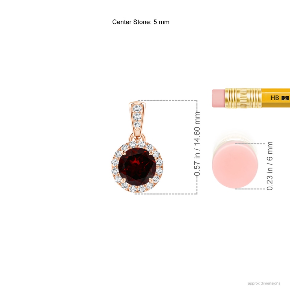 5mm A Claw-Set Round Garnet Pendant with Diamond Halo in 9K Rose Gold ruler