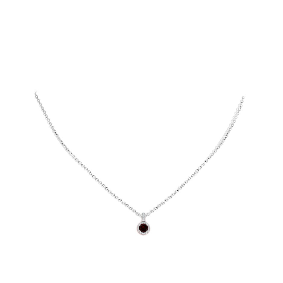5mm A Claw-Set Round Garnet Pendant with Diamond Halo in White Gold body-neck