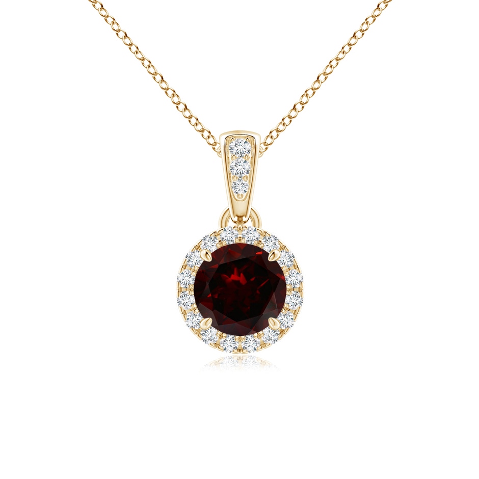 5mm A Claw-Set Round Garnet Pendant with Diamond Halo in Yellow Gold 