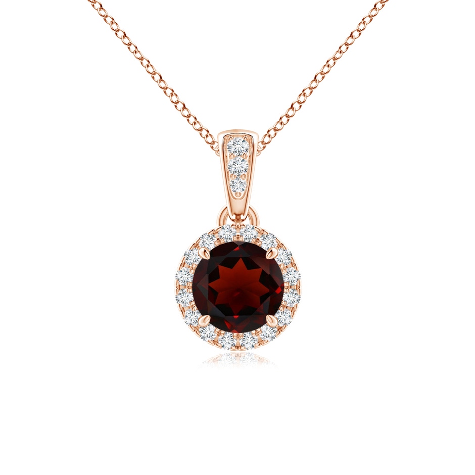 5mm AA Claw-Set Round Garnet Pendant with Diamond Halo in Rose Gold 