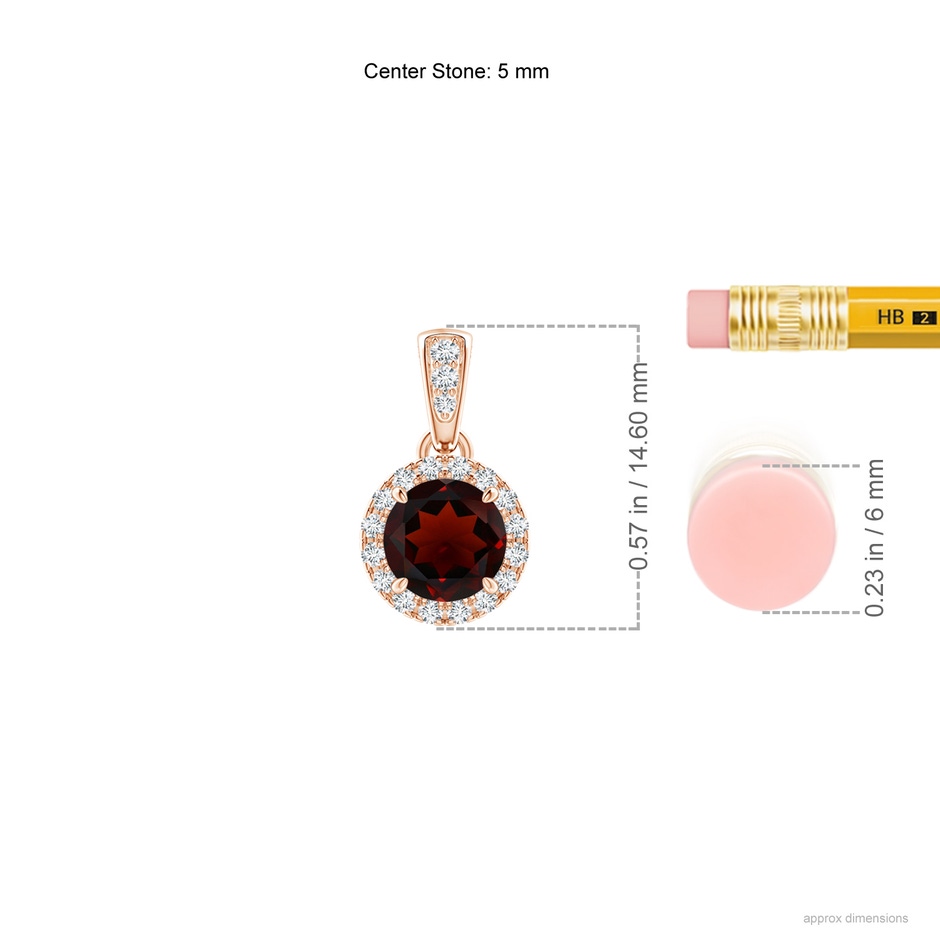 5mm AA Claw-Set Round Garnet Pendant with Diamond Halo in Rose Gold ruler