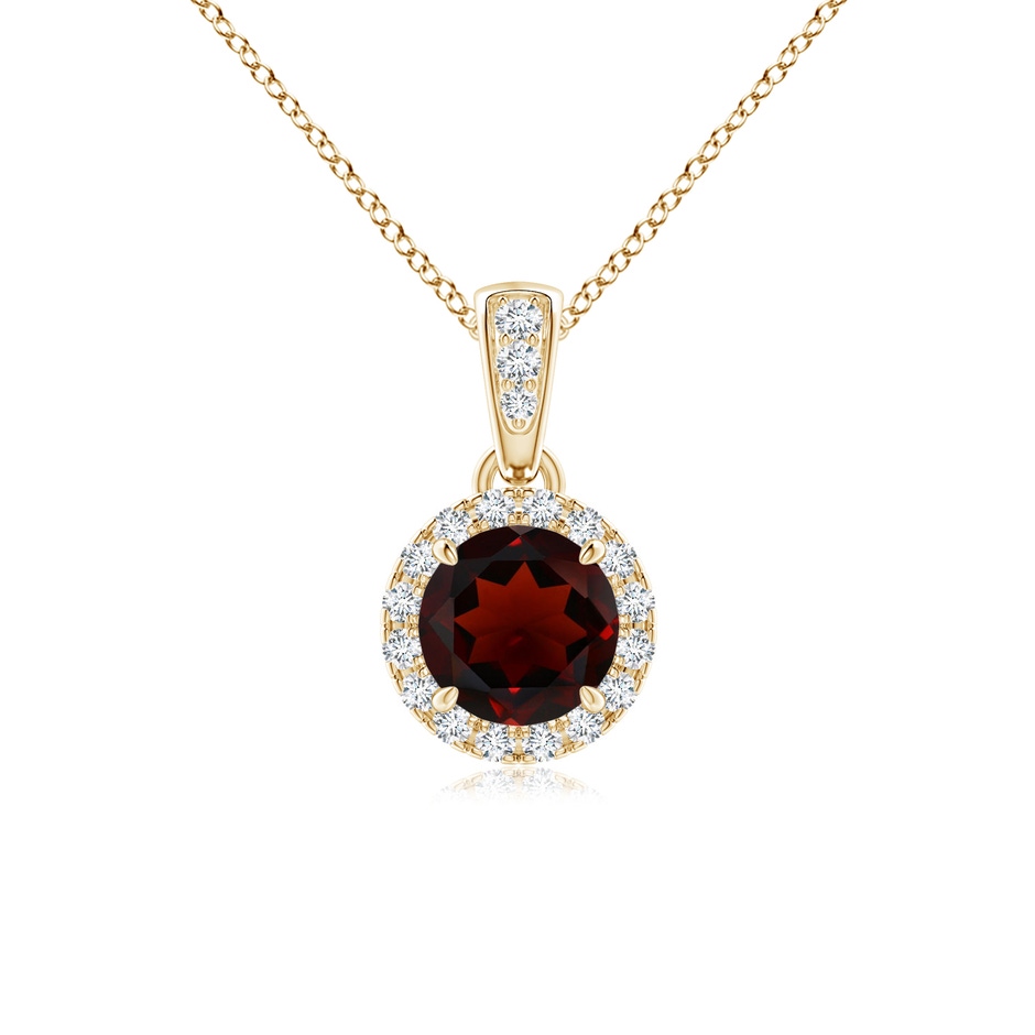 5mm AA Claw-Set Round Garnet Pendant with Diamond Halo in Yellow Gold 