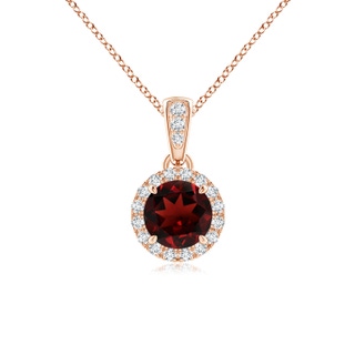 5mm AAA Claw-Set Round Garnet Pendant with Diamond Halo in Rose Gold