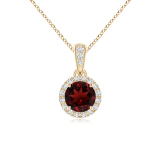 5mm AAA Claw-Set Round Garnet Pendant with Diamond Halo in Yellow Gold