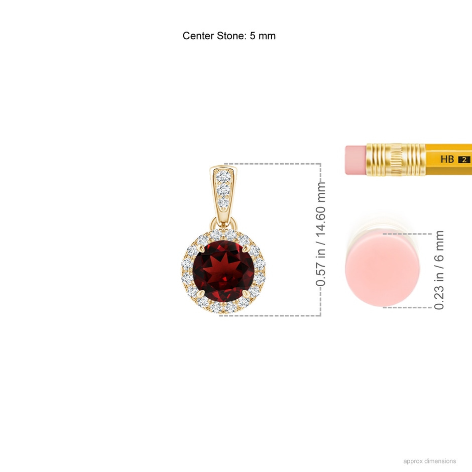 5mm AAA Claw-Set Round Garnet Pendant with Diamond Halo in Yellow Gold ruler