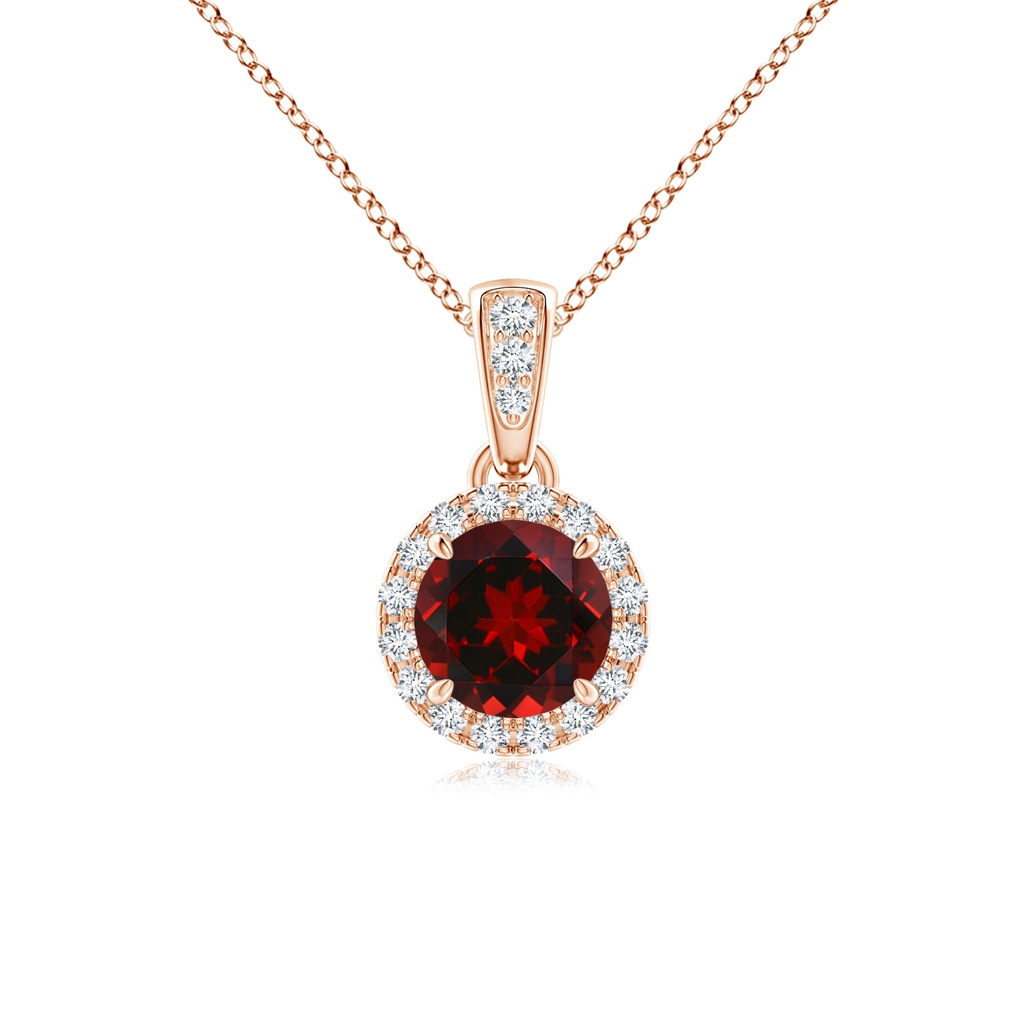 5mm AAAA Claw-Set Round Garnet Pendant with Diamond Halo in Rose Gold