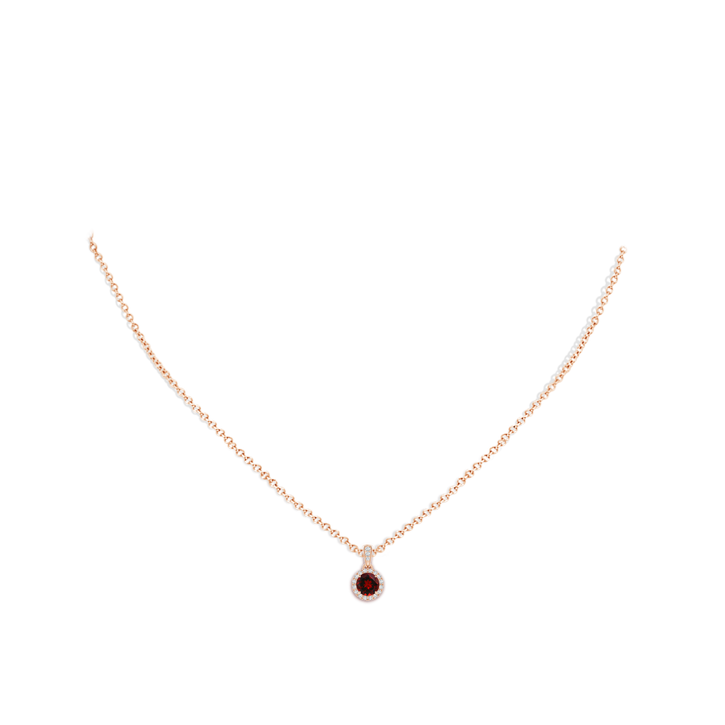 5mm AAAA Claw-Set Round Garnet Pendant with Diamond Halo in Rose Gold Body-Neck