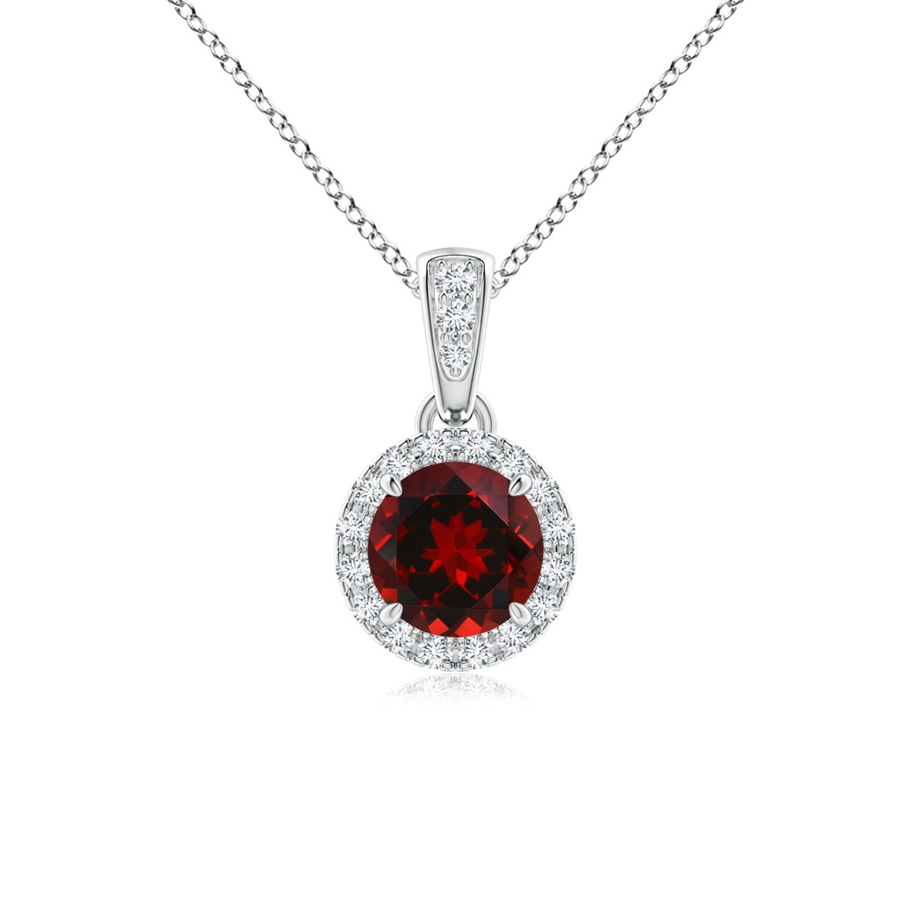5mm AAAA Claw-Set Round Garnet Pendant with Diamond Halo in White Gold