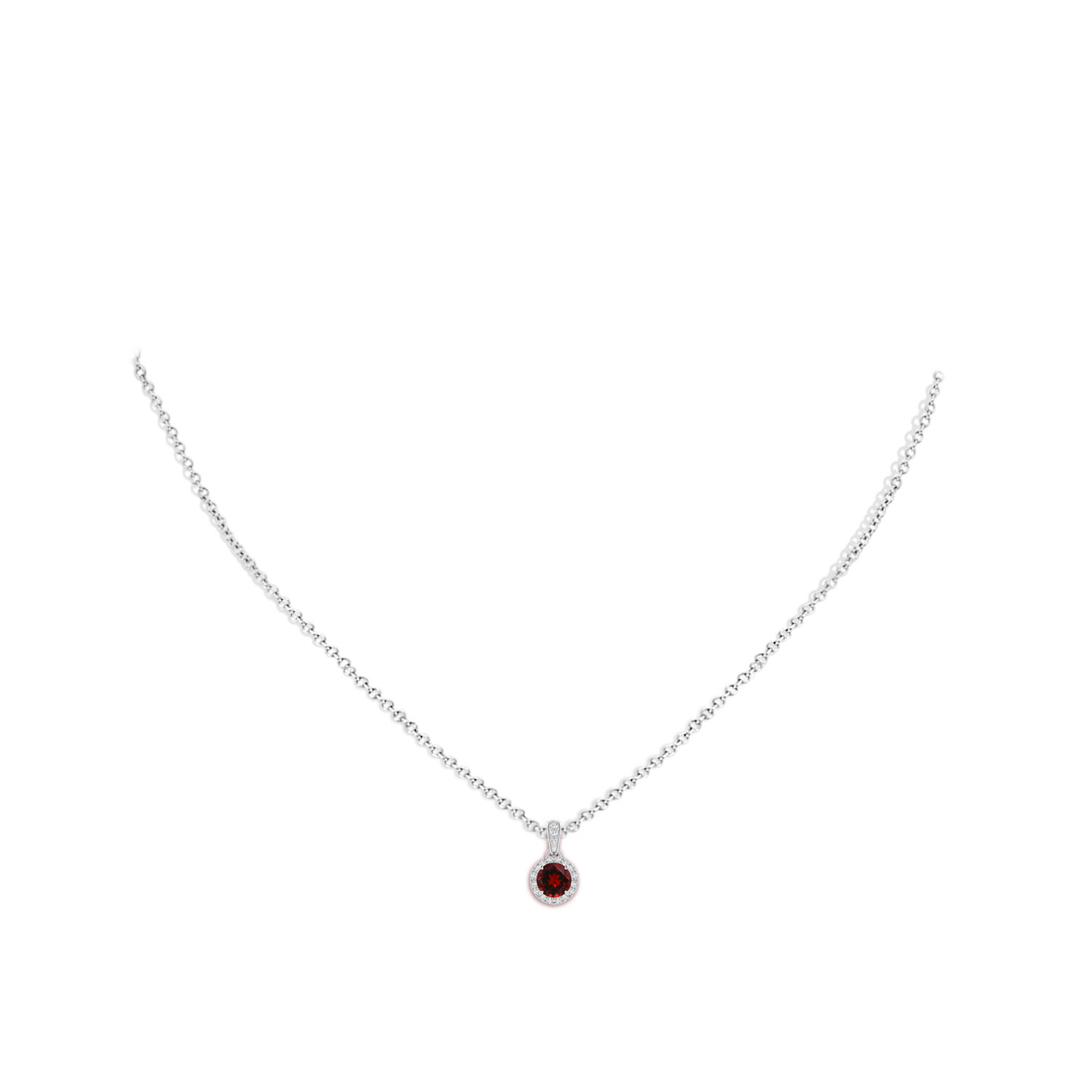 5mm AAAA Claw-Set Round Garnet Pendant with Diamond Halo in White Gold - body_neck