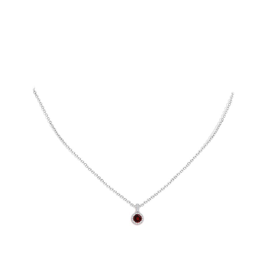 5mm AAAA Claw-Set Round Garnet Pendant with Diamond Halo in White Gold body-neck