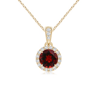 5mm AAAA Claw-Set Round Garnet Pendant with Diamond Halo in Yellow Gold