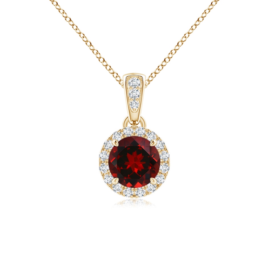 5mm AAAA Claw-Set Round Garnet Pendant with Diamond Halo in Yellow Gold 