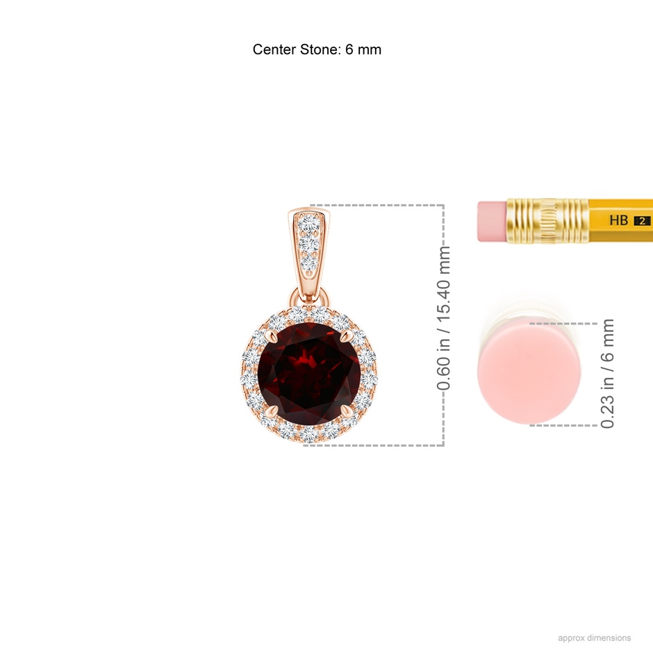6mm A Claw-Set Round Garnet Pendant with Diamond Halo in Rose Gold ruler