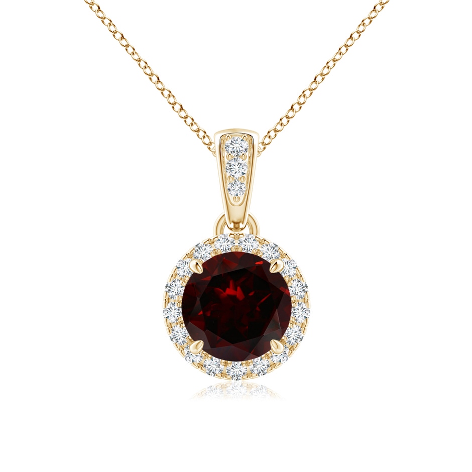 6mm A Claw-Set Round Garnet Pendant with Diamond Halo in Yellow Gold 