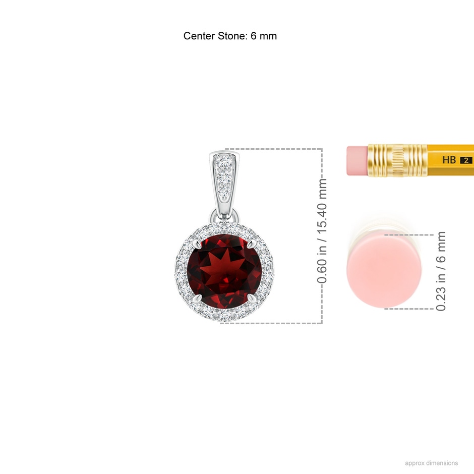 6mm AAA Claw-Set Round Garnet Pendant with Diamond Halo in White Gold ruler