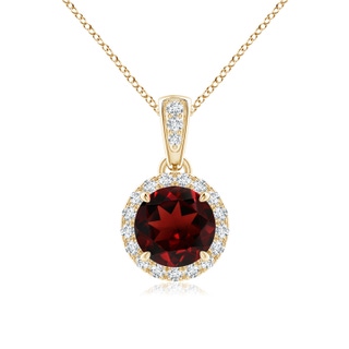 6mm AAA Claw-Set Round Garnet Pendant with Diamond Halo in Yellow Gold