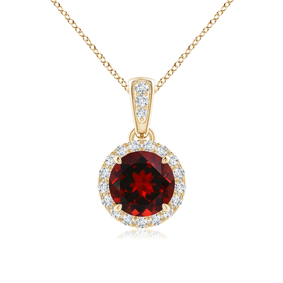 6mm AAAA Claw-Set Round Garnet Pendant with Diamond Halo in Yellow Gold 