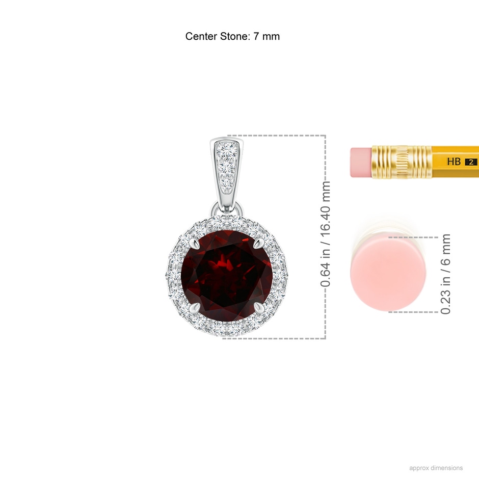 7mm A Claw-Set Round Garnet Pendant with Diamond Halo in White Gold ruler