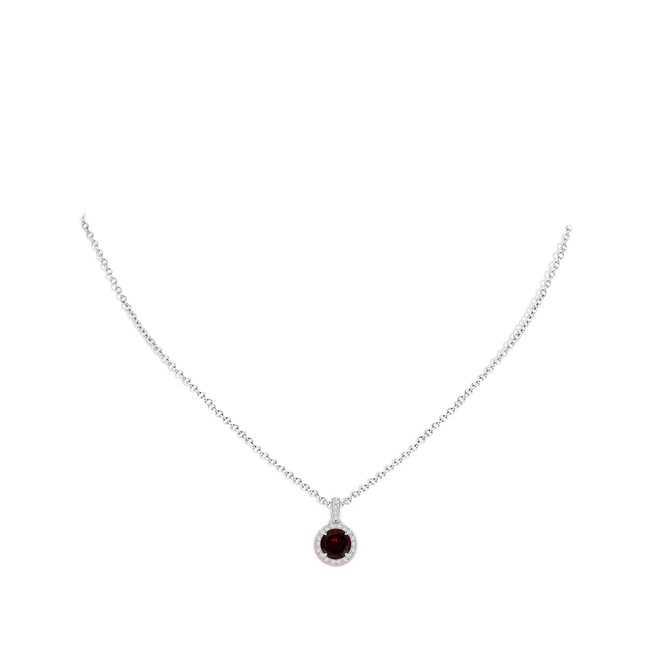 7mm A Claw-Set Round Garnet Pendant with Diamond Halo in White Gold body-neck