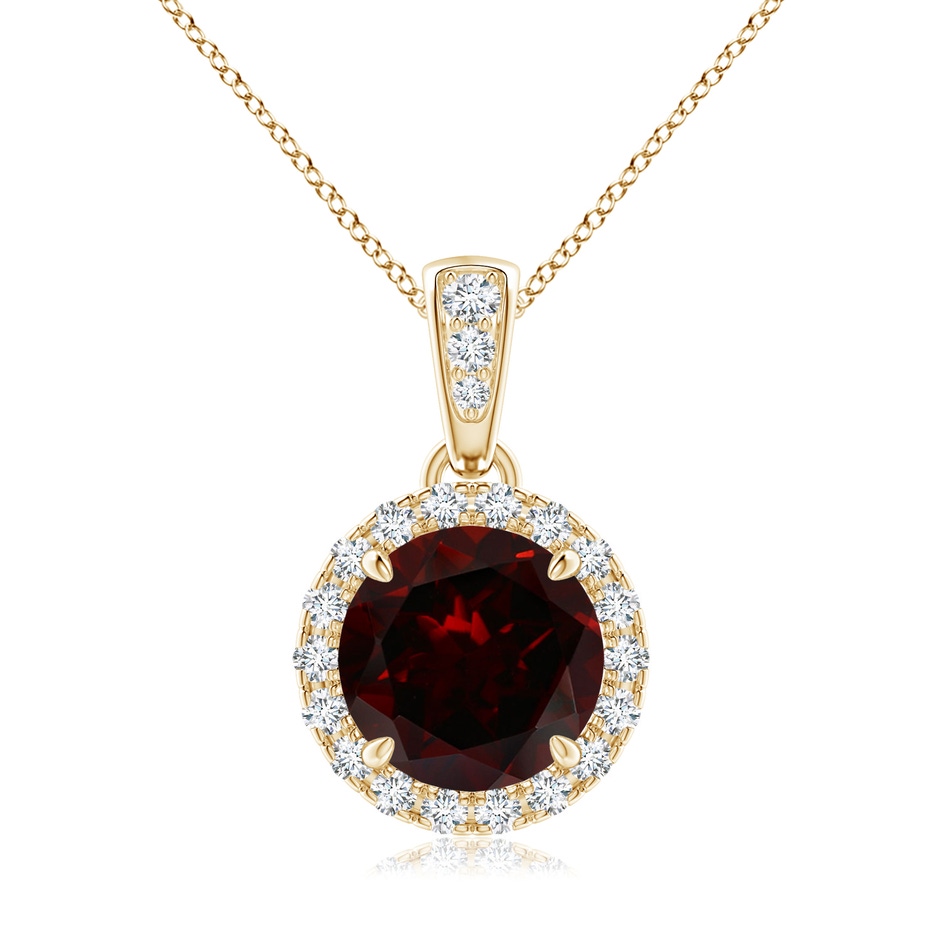 7mm A Claw-Set Round Garnet Pendant with Diamond Halo in Yellow Gold 