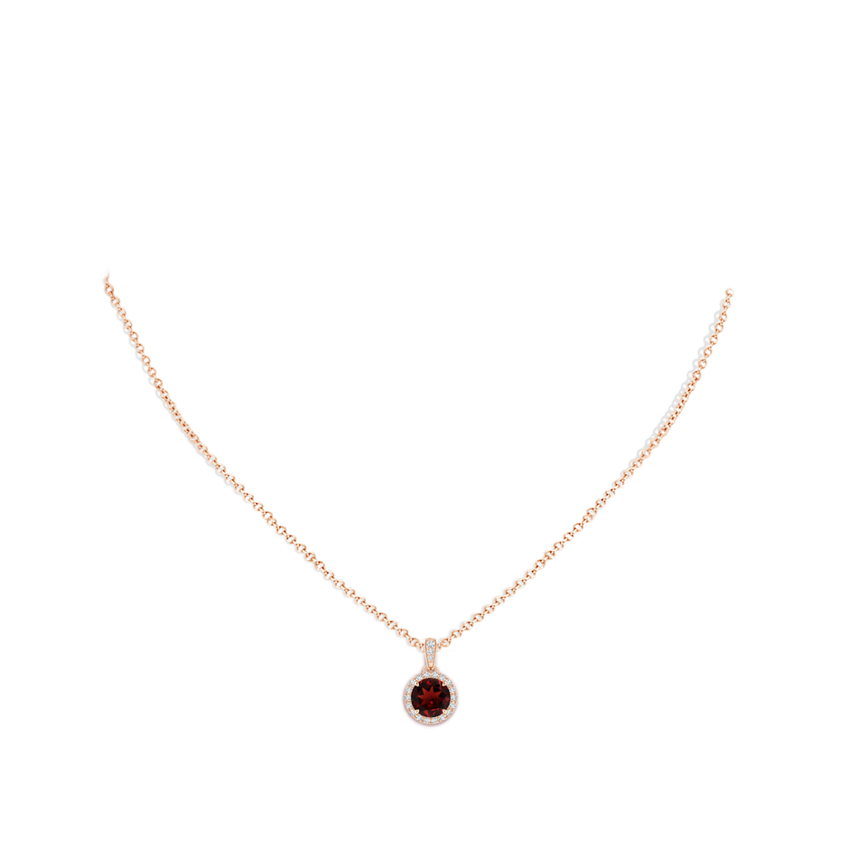 7mm AAA Claw-Set Round Garnet Pendant with Diamond Halo in Rose Gold body-neck