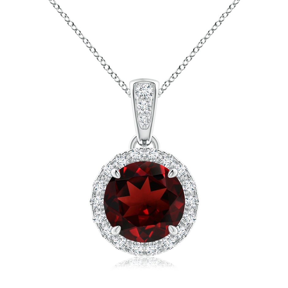 7mm AAA Claw-Set Round Garnet Pendant with Diamond Halo in White Gold 