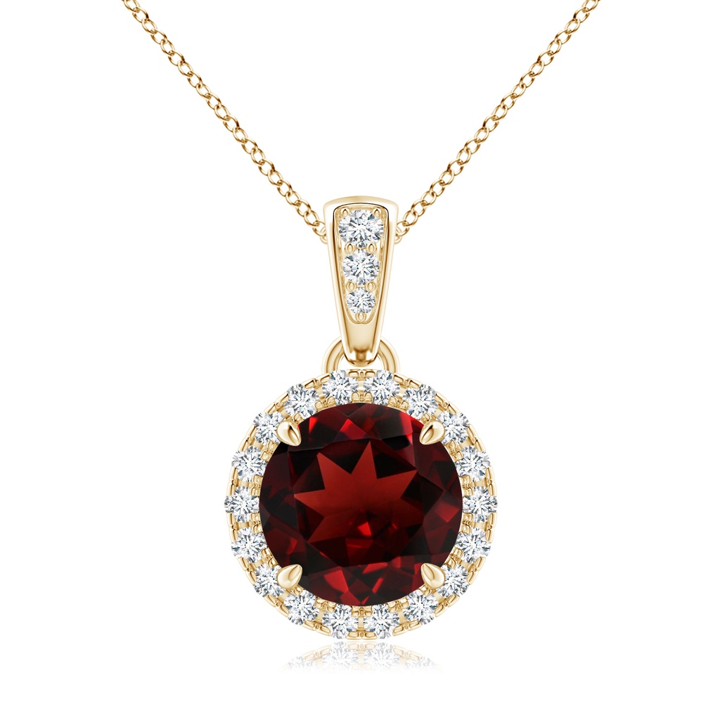 7mm AAA Claw-Set Round Garnet Pendant with Diamond Halo in Yellow Gold