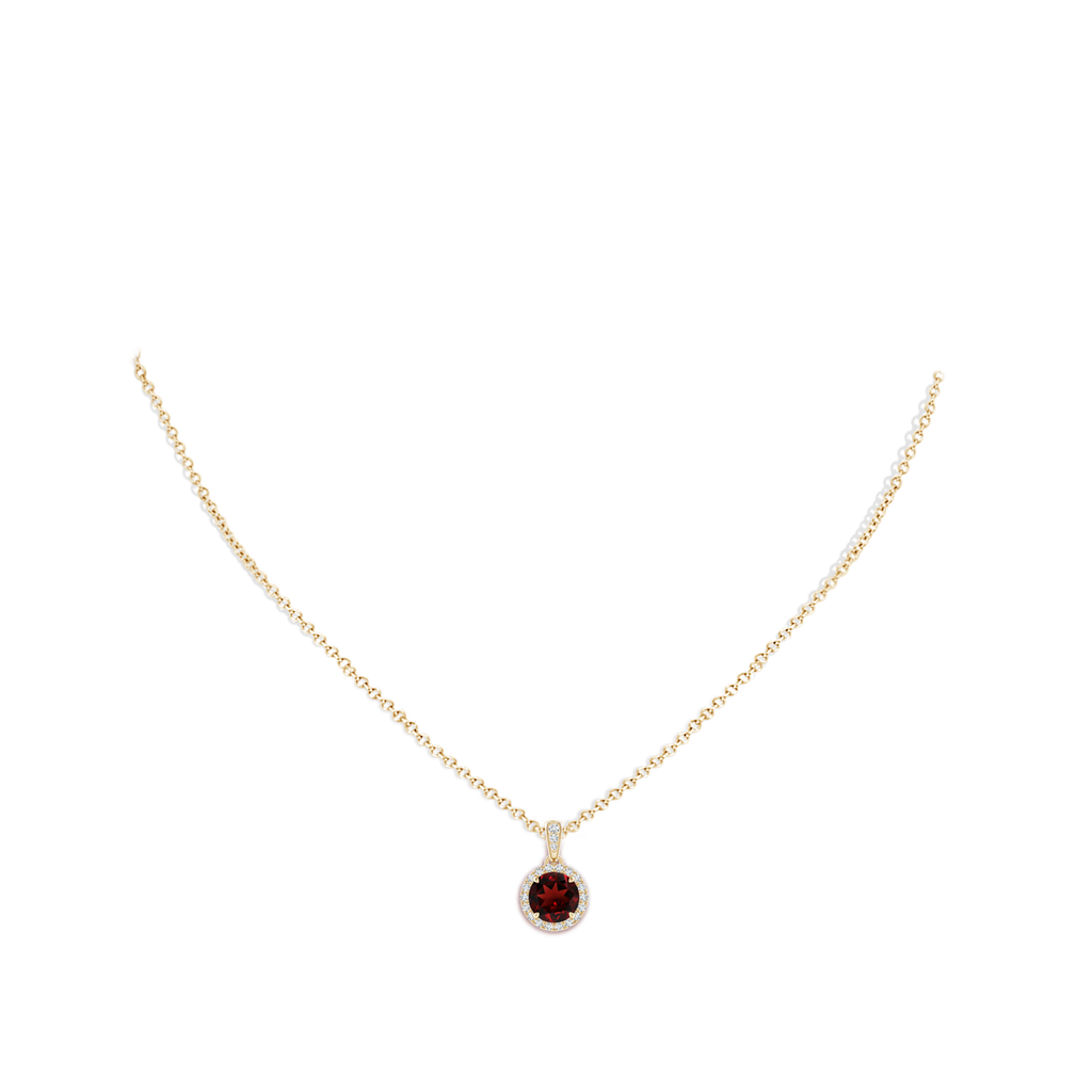 7mm AAA Claw-Set Round Garnet Pendant with Diamond Halo in Yellow Gold Body-Neck