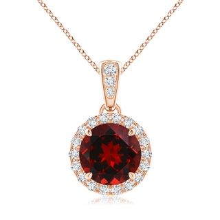 7mm AAAA Claw-Set Round Garnet Pendant with Diamond Halo in Rose Gold