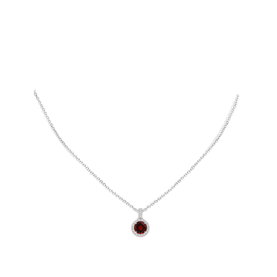 7mm AAAA Claw-Set Round Garnet Pendant with Diamond Halo in White Gold body-neck